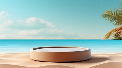 Fototapeta na wymiar Summer sand and tropical sea background with abstract pedestal scene