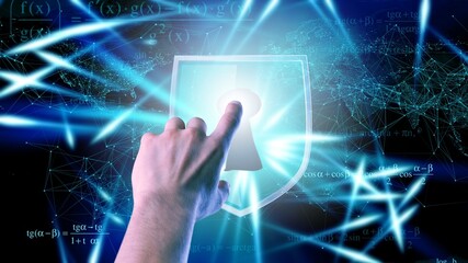 Cyber security data protection. Person touching shield