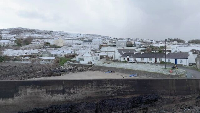 Aerial view ofa snow covered Portnoo harbour in County Donegal, Ireland.