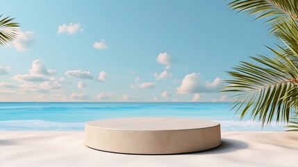 Obraz premium Summer sand and tropical sea background with abstract pedestal scene