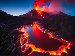 Flowing hot lava flows from an actively erupting volcano. Inferno Unleashed: dynamic volcanic eruption. generative AI