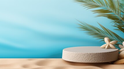 Summer sand and tropical sea background with abstract pedestal scene