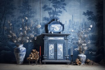 A photo showcasing a room adorned in blue and white, featuring a clock and vases.
