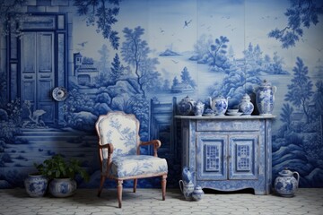 A room decorated in blue and white featuring a chair and vases.