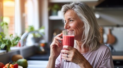 Healthy senior woman smiling while holding some red juice in her kitchen. Mature woman serving herself wholesome smoothie vegan food at home. Taking care of her aging body with a plant-based diet.