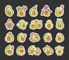 Kawaii cute avocado with funny faces. Sticker Bookmark. Cartoon happy food characters. Hand drawn style. Vector drawing. Collection of design elements.