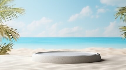 Summer sand and tropical sea background with abstract pedestal scene
