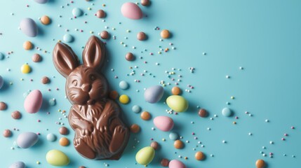 easter chocolate in the shape of a bunny on blue background - easter concept backdrop with copyspace