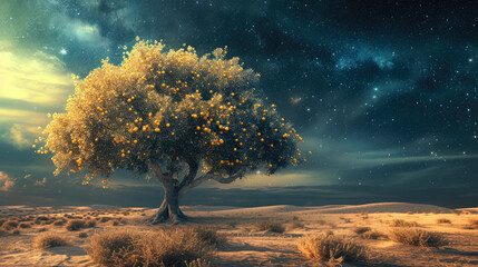 Celestial Yield: Tree Laden with Glowing Golden Fruit