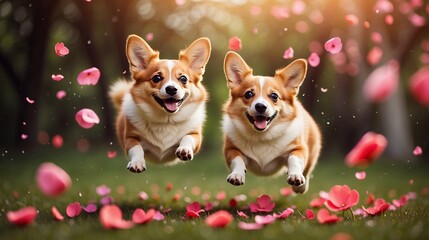 Cute corgi dog couple running in a field of flowers.  happy pet lovers playing outdoor park