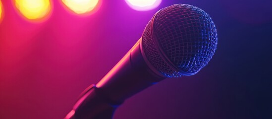 Fototapeta na wymiar Microphone with illuminated neon lights on a dark background.AI generated image