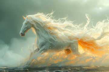 Obraz na płótnie Canvas white horse in the style of baroque sci-fi, detailed atmospheric portraits, translucent resin waves, light white and light orange, intricate illustrations, delicate portraits