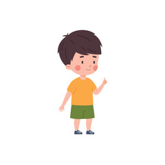 Cute child boy showing forefinger flat style, vector illustration