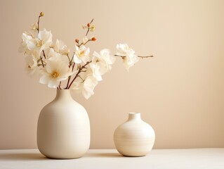 Two white vases are placed on a table, showcasing their elegant design and adding an artistic touch to the room.