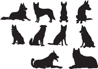 Set of black silhouette Dogs on white background