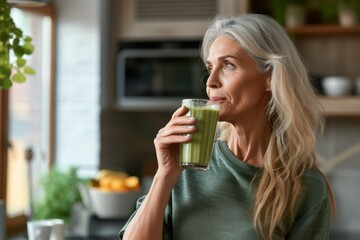 Healthy senior woman smiling while holding some green juice in her kitchen. Mature woman serving herself wholesome smoothie vegan food at home. Taking care of her aging body with a plant-based diet.