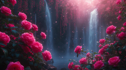 Rosy Illumination: Waterfall Oasis in the Shadowy Grove