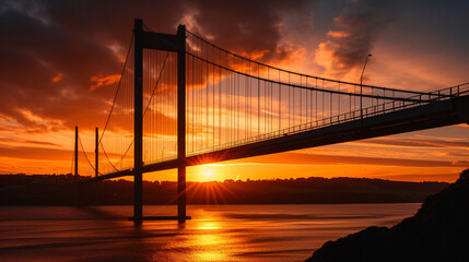An iconic suspension bridge at sunset its cables creating a dramatic silhouette against the sky.