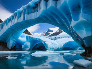 Glacial Majesty: Sculpted Ice Archways Amidst Blue Splendor. generative AI