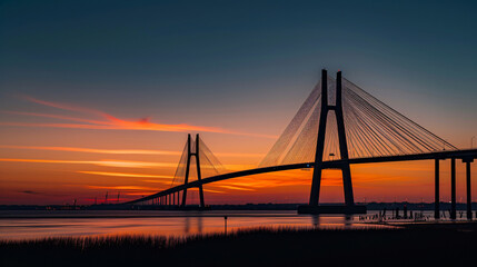 Fototapeta na wymiar An iconic suspension bridge at sunset its cables creating a dramatic silhouette against the sky.