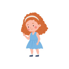 Cute red-haired child girl showing two fingers, peace symbol