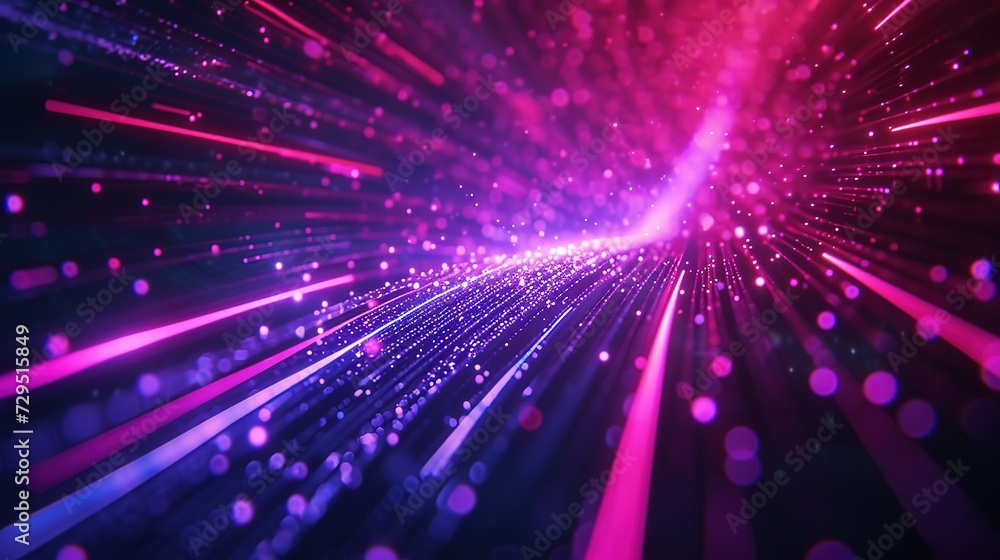 Poster a dazzling digital representation of a particle acceleration tunnel with a focus on pink and blue li