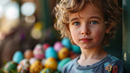 Fototapeta na wymiar Easter Joy: Blonde Boy Surrounded by Colorful Painted Eggs