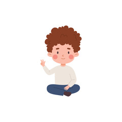 Cute curly child boy sitting and showing three fingers flat style
