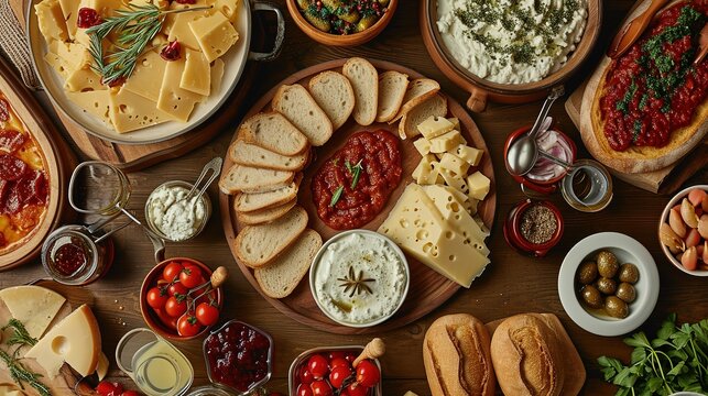 Overhead view of a lavish spread featuring an assortment of cheeses, cured meats, bread, dips, and garnishes, perfect for entertaining.