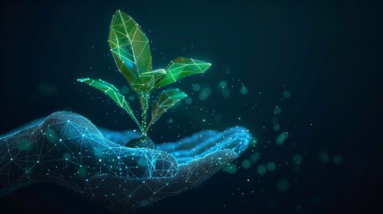 A technical hand holding little plant with a big empty space, Generative AI.