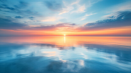 Fototapeta na wymiar An inspiring sunrise over a calm ocean with soft hues painting the sky and reflecting on the water.