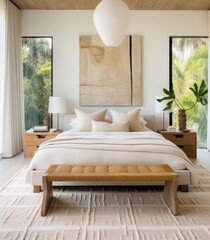 Fototapeta premium A spacious bedroom with a generously-sized bed and a captivating painting hung on the wall.