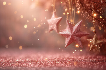 Birthday Background Pastel Peach Colours delicate powder pink Glitter Stars hang with soft caramel brown copy space 