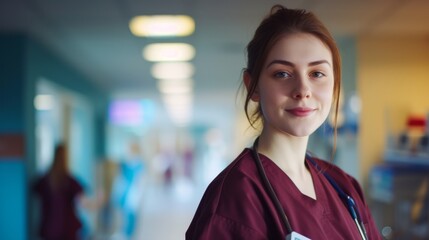 Obraz premium a female nurse wearing magenta colored scrubs in a hospital