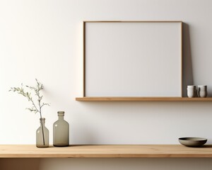 A shelf showcasing a ceramic vase, glass bottle, and a wooden picture frame.