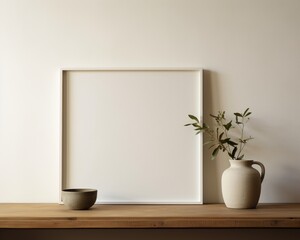 A white picture frame is casually placed on top of a wooden shelf, creating a simple yet stylish display.