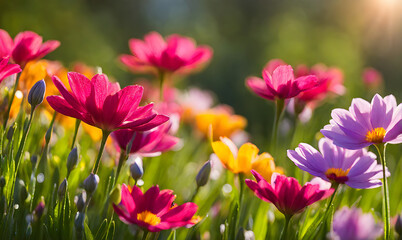 Fototapeta premium Sunny spring field: Vibrant flowers under the sun