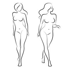 Silhouette of a nice lady, she is standing. The girl has a beautiful naked figure. The woman is a young sexy and slender model. Vector illustration.