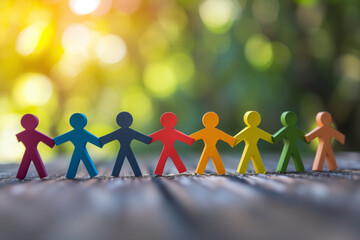 Multicoloured paper people on a wooden background holding hands against a background of foliage, the concept of friendship of different races and nations