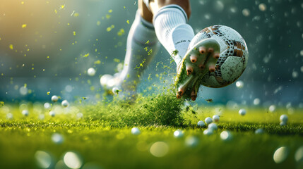An intense close-up of a soccer players foot striking a ball with grass flying up around the impact.