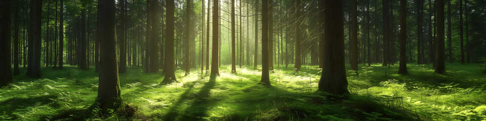 Fototapeta premium bamboo forest in the morning, sunset. pine. green relaxing. background, horizontal, landing page, banner