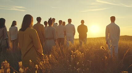 A serene gathering of individuals dressed in white attire standing in a field at sunset, evoking a sense of peace and unity.