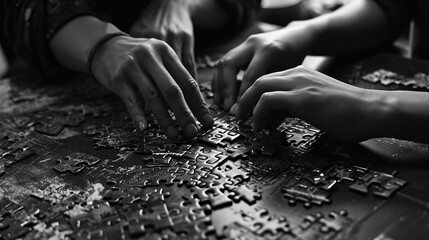 Black and white image of multiple hands working together to solve a jigsaw puzzle, symbolizing teamwork and problem-solving.