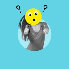 Person with doubt, question marks collage