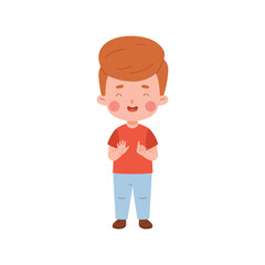 Kid counting to six, vector cute preschool boy showing 6 fingers gesture to count and study numbers, arithmetic math