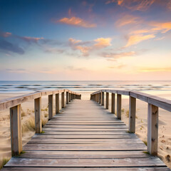 Blank Wooden Planks Framed by a Dreamy Blur of Beach and Sea - A Captivating Canvas of Tranquility.
