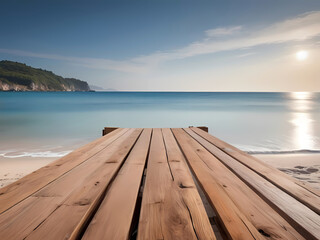 Fototapeta premium Blank Wooden Planks Framed by a Dreamy Blur of Beach and Sea - A Captivating Canvas of Tranquility.