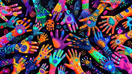 A vivid explosion of neon-painted handprints with intricate tribal patterns, creating a visually striking mural on a black background.