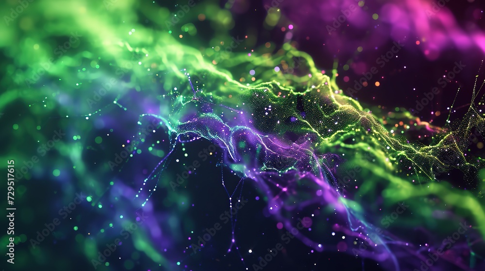 Poster vivid neon particle waves flowing across a dark background, symbolizing digital motion and technolog