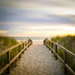 Obraz premium Blank Wooden Planks Framed by a Dreamy Blur of Beach and Sea - A Captivating Canvas of Tranquility.
